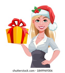 Stock vector beautiful business woman in Santa hat holding gift box. Merry Christmas and Happy New Year. Cute businesswoman cartoon character in flat style. Vector illustration