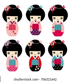 Stock vector beautiful kokeshi doll with kimono