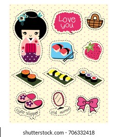 Stock vector beautiful kokeshi doll with sushi
