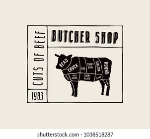 Stock vector beef cuts diagram in the style of handmade graphics.  Label template for butcher shop. Black print on light background