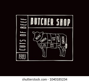 Stock vector beef cuts diagram in the style of handmade graphics. Label template for butcher shop. White print on black background