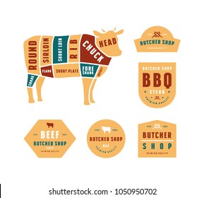 Stock vector beef cuts diagram and label for butcher shop. Color print on white background