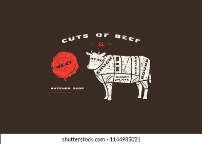 Stock vector beef cuts diagram in flat style. Design with rough texture. Color print on black background