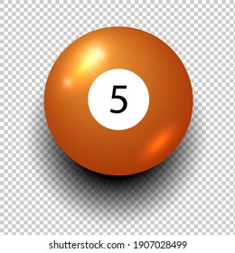 Stock vector of billiard ball number 5. Orange color. Isolated wind object on transparent background