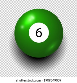 Stock vector of billiard ball number 6. Green color. Isolated wind object on transparent background