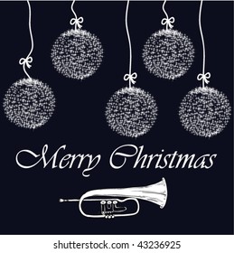 Stock vector black and white drawing  illustration card for xmas with trumpet and decorations