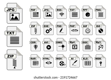 Stock Vector Black And White File Type Icon Symbol. Colorful Set Of File Type Icons File Format Icon Set. File Type Icons As Labels Set.

