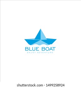 Stock Vector Blue Origami Paper Sail Boat on The Water Sea Ocean with Waves Logo Design