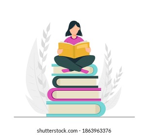 Stock vector. Book lover, reading, library concept. Faceless cartoon character woman sitting on books. Vector illustration