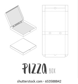 Stock vector box for pizza. Unwrapped and 3d image. With lettering