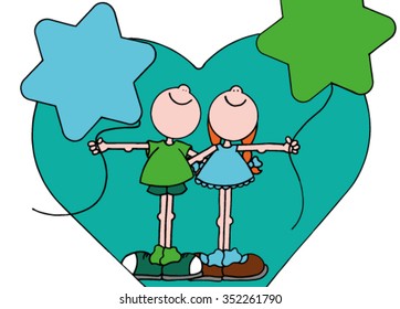 Stock vector of boy and girl holding balloons