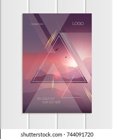 Stock vector brochure A4 or A5 format design business template with abstract triangles and mountain landscape at sunset, dawn backgrounds for printed material, element web site, card, cover, wallpaper