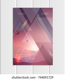 Stock vector brochure A4 or A5 format design business template with abstract triangles and mountain landscape at sunset, dawn backgrounds for printed material, element web site, card, cover, wallpaper