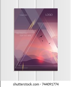 Stock vector brochure A4 or A5 format design business template with abstract triangles and mountain landscape at sunset, dawn backgrounds for printed material, element web site, card, cover, wallpaper