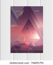 Stock vector brochure A4 or A5 format design business template with abstract triangles and mountain landscape at sunset, dawn backgrounds for printed material, element web site, card, cover, wallpaper