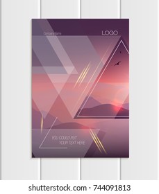 Stock vector brochure A4 or A5 format design business template with abstract triangles and mountain landscape at sunset, dawn backgrounds for printed material, element web site, card, cover, wallpaper