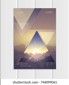 Stock vector brochure A4 or A5 format design business template with abstract triangles and mountain landscape at sunset, dawn backgrounds for printed material, element web site, card, cover, wallpaper