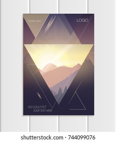 Stock vector brochure A4 or A5 format design business template with abstract triangles and mountain landscape at sunset, dawn backgrounds for printed material, element web site, card, cover, wallpaper