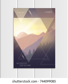 Stock vector brochure A4 or A5 format design business template with abstract triangles and mountain landscape at sunset, dawn backgrounds for printed material, element web site, card, cover, wallpaper