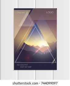 Stock vector brochure A4 or A5 format design business template with abstract triangles and mountain landscape at sunset, dawn backgrounds for printed material, element web site, card, cover, wallpaper