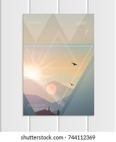 Stock vector brochure A4 or A5 format design business template with abstract triangles and mountain landscape at sunset, dawn backgrounds for printed material, element web site, card, cover, wallpaper