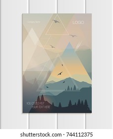 Stock vector brochure A4 or A5 format design business template with abstract triangles and mountain landscape at sunset, dawn backgrounds for printed material, element web site, card, cover, wallpaper