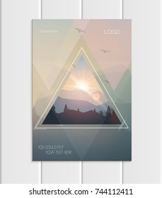 Stock vector brochure A4 or A5 format design business template with abstract triangles and mountain landscape at sunset, dawn backgrounds for printed material, element web site, card, cover, wallpaper