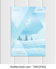 Stock vector brochure A4 or A5 format design Christmas templates with abstract triangles winter landscape New Year full moon night background for printed material, element, cards, covers, wallpaper