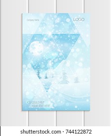 Stock vector brochure A4 or A5 format design Christmas template, abstract triangles, winter landscape New Year glow full moon night background for printed material, element, card, covers, wallpaper
