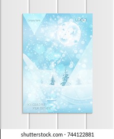 Stock vector brochure A4 or A5 format design Christmas template, abstract triangles, winter landscape New Year glow full moon night background for printed material, element, card, covers, wallpaper