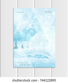 Stock vector brochure A4 or A5 format design Christmas template, abstract triangles, winter landscape New Year glow full moon night background for printed material, element, card, covers, wallpaper