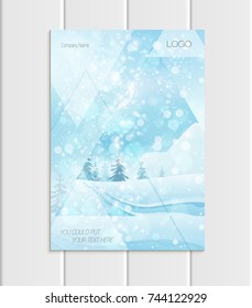 Stock vector brochure A4 or A5 format design Christmas template, abstract triangles, winter landscape New Year glow full moon night background for printed material, element, card, covers, wallpaper