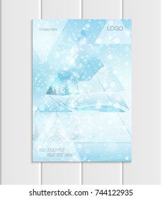 Stock vector brochure A4 or A5 format design Christmas template, abstract triangles, winter landscape New Year glow full moon night background for printed material, element, card, covers, wallpaper