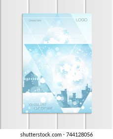 Stock vector brochure A4 or A5 format design Christmas template, triangles, winter city landscape New Year glow full moon night background for printed material, element, site, card, cover, wallpaper