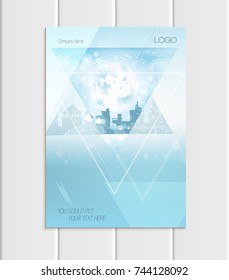 Stock vector brochure A4 or A5 format design Christmas template, triangles, winter city landscape New Year glow full moon night background for printed material, element, site, card, cover, wallpaper