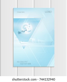 Stock vector brochure A4, A5 format design Christmas template, triangles silhouette Santa Claus in sleigh with reindeer winter landscape New Year full moon night background for printed material, cover