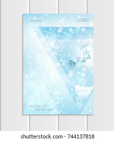 Stock vector brochure A4, A5 format design Christmas template, triangles, silhouette Santa Claus in sleigh with reindeer winter landscape New Year glow full moon night background for printed material