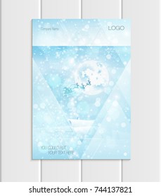 Stock vector brochure A4, A5 format design Christmas template, triangles, silhouette Santa Claus in sleigh with reindeer winter landscape New Year glow full moon night background for printed material