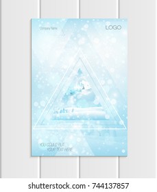 Stock vector brochure A4, A5 format design Christmas template, triangles, silhouette Santa Claus in sleigh with reindeer winter landscape New Year glow full moon night background for printed material