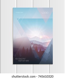 Stock vector brochure A4 or A5 format design business template with abstract triangles and mountain landscape at sunset, dawn backgrounds for printed material, element web site, card, cover, wallpaper