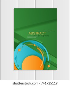 Stock vector brochure A5 or A4 format material design style. Design business templates with abstract blue and orange round shapes green background for printed material, element site, cover, wallpaper