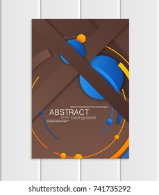 Stock vector brochure A5 or A4 format in material design style. Design business templates with abstract blue round shapes on brown background for printed material, element site, card, cover, wallpaper