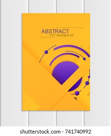 Stock vector brochure A5 or A4 format material design style. Design business templates with abstract purple round shapes on yellow background for printed material, element web site, cover, wallpaper