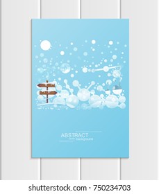 Stock vector brochure A5 or A4 format design Christmas template, abstract circles, winter landscape New Year 2018 with road sign in snow glow full moon night background for printed material
