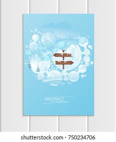 Stock vector brochure A5 or A4 format design Christmas template, abstract circles, winter landscape New Year 2018 with road sign in snow glow full moon night background for printed material