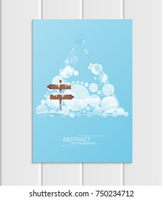 Stock vector brochure A5 or A4 format design Christmas template, abstract circles, winter landscape New Year 2018 with road sign in snow glow full moon night background for printed material