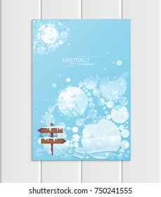 Stock vector brochure A5 or A4 format design Christmas template, abstract circles, winter landscape New Year 2018 with road sign in snow glow full moon night background for printed material