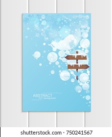 Stock vector brochure A5 or A4 format design Christmas template, abstract circles, winter landscape New Year 2018 with road sign in snow glow full moon night background for printed material