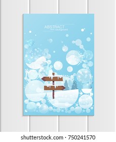 Stock vector brochure A5 or A4 format design Christmas template, abstract circles, winter landscape New Year 2018 with road sign in snow glow full moon night background for printed material