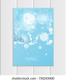 Stock vector brochure A5 or A4 format design Christmas template, abstract circles, winter landscape New Year 2018 fir-trees in snow glow full moon night background for gritting printed material corpor